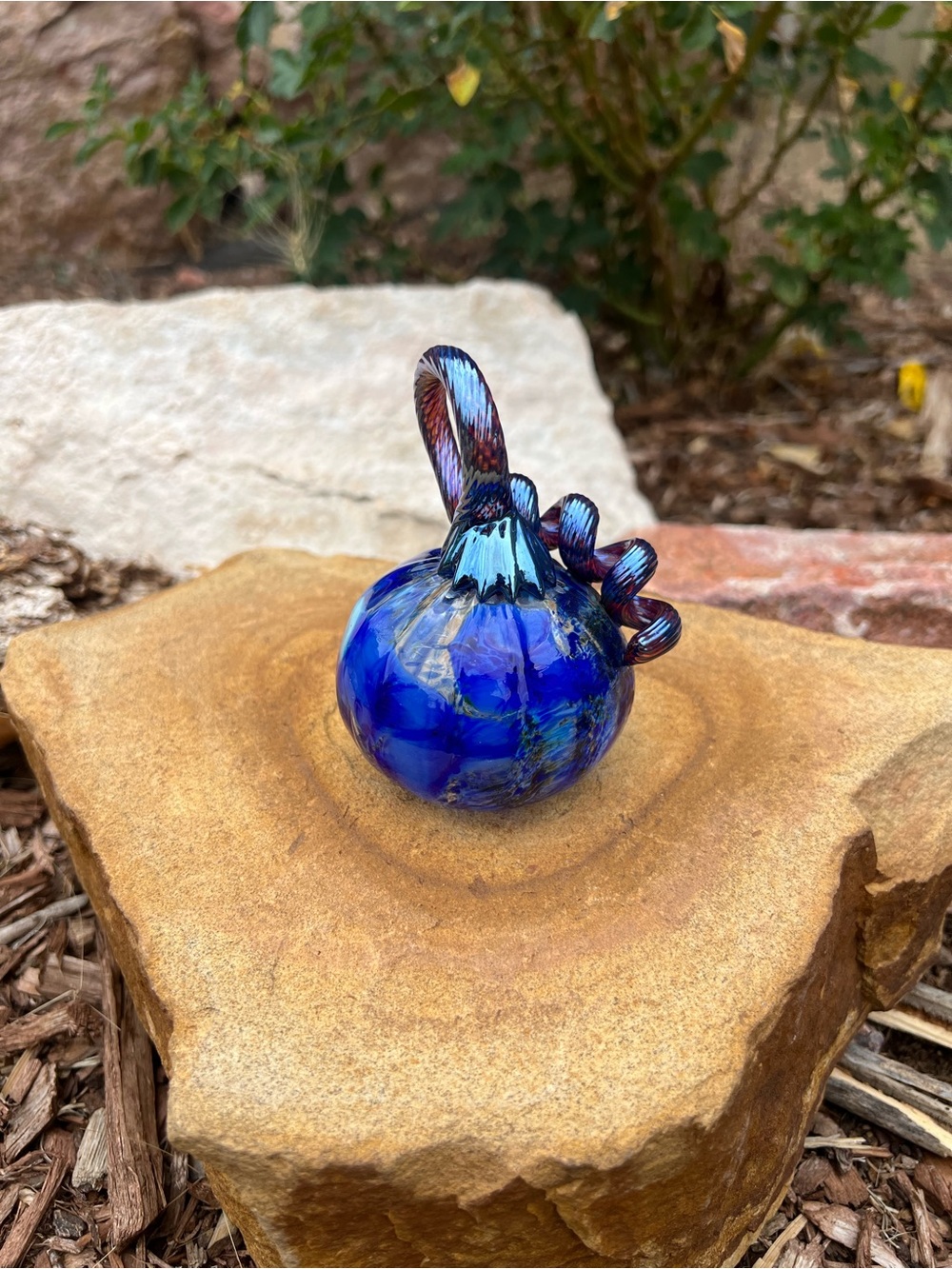 Handblown Blue Glass Pumpkin Halloween Thanksgiving Autumn